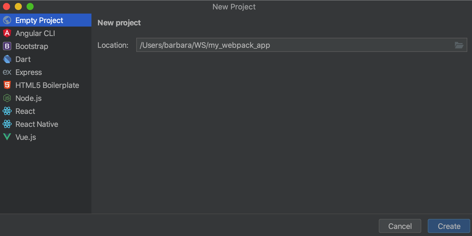 Create app: New Project dialog